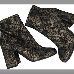 Marc Fisher Newbia Brocade Metallic Lace Booties Block Heel Booties Black 9.5